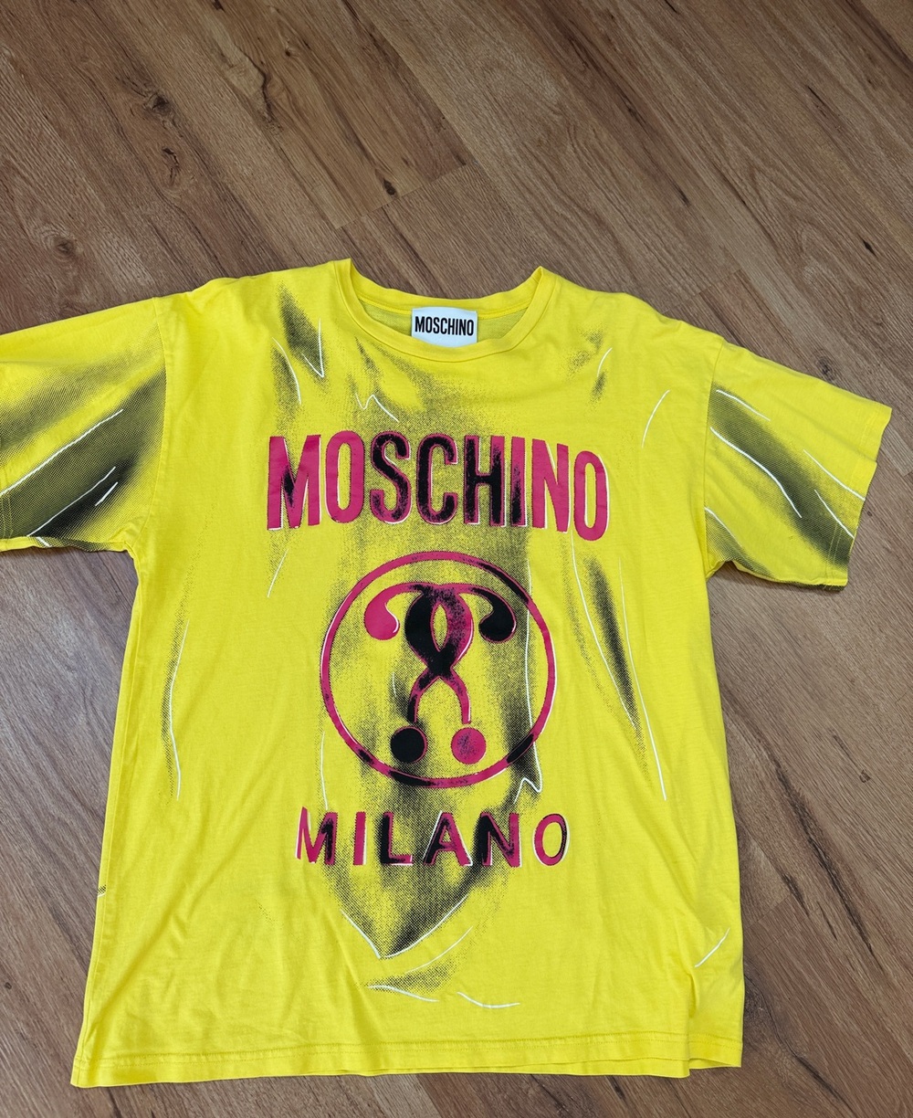 Moschino Graffiti Yellow Tee with Pink Logo & Black Graphic, size L